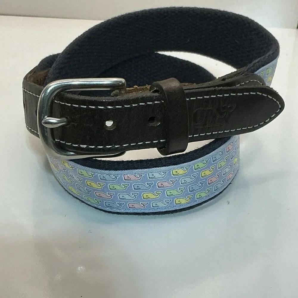 Vineyard Vines Navy Pink Blue Whale Logo Canvas Club Brown Belt Size 28 Made USA